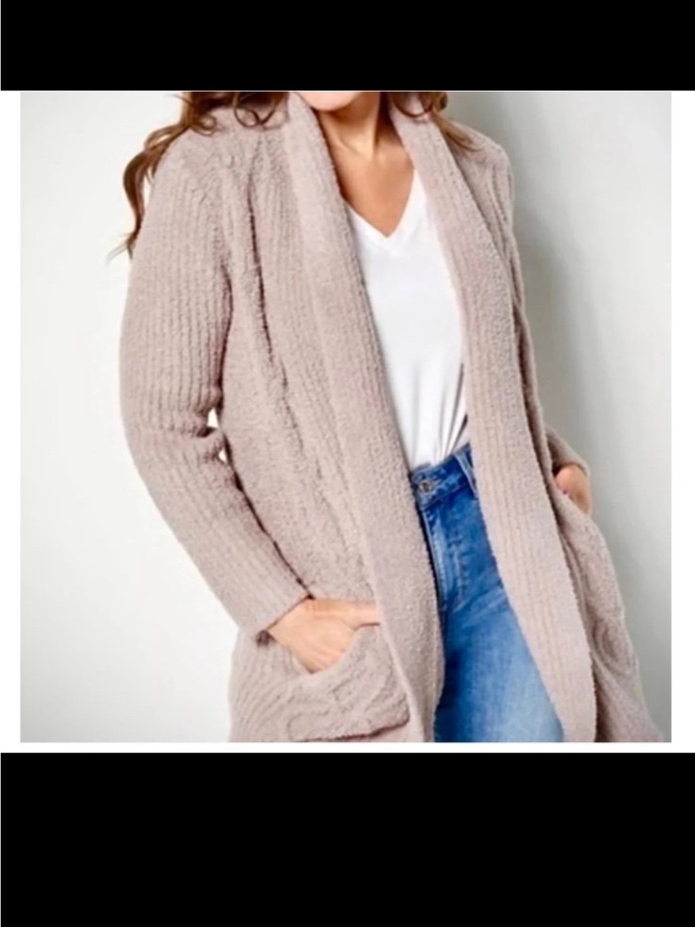 Barefoot Dreams CozyChic Cable Knit Cardigan Jacket Open Front Taupe Medium - Picture 2 of 12